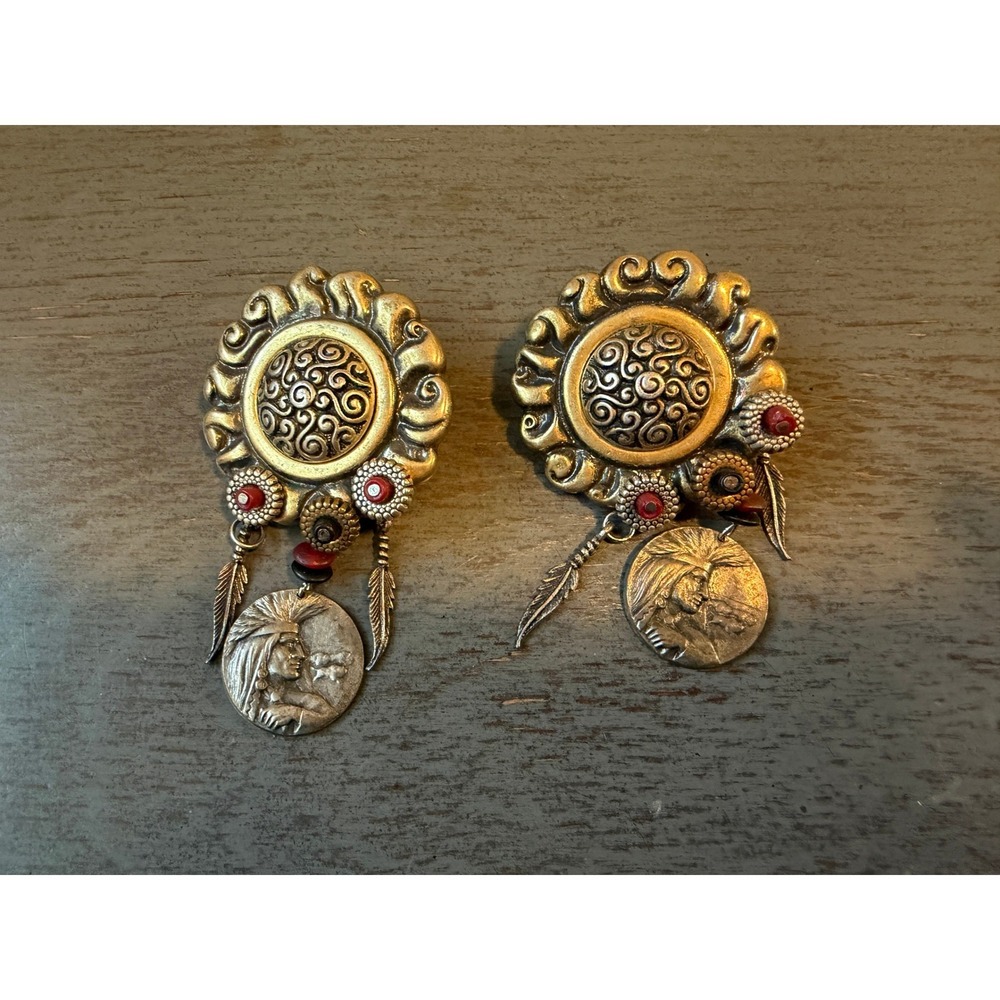 Vintage Jeremiah Southwestern Clip On Earrings Mixed Metal Native American Coin